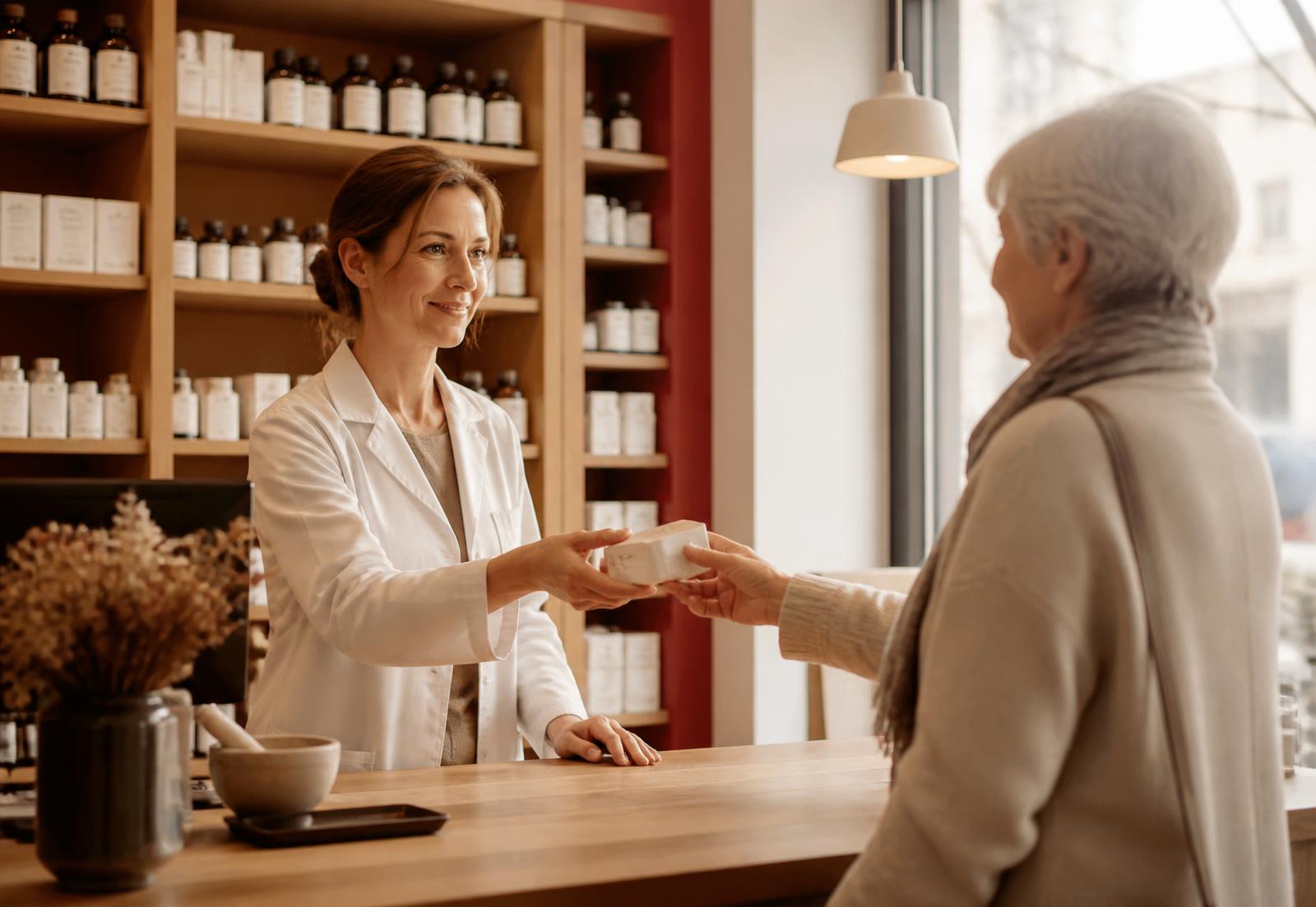Apothekerin überreicht einer Kundin ein Medikament über den Beratungstresen
