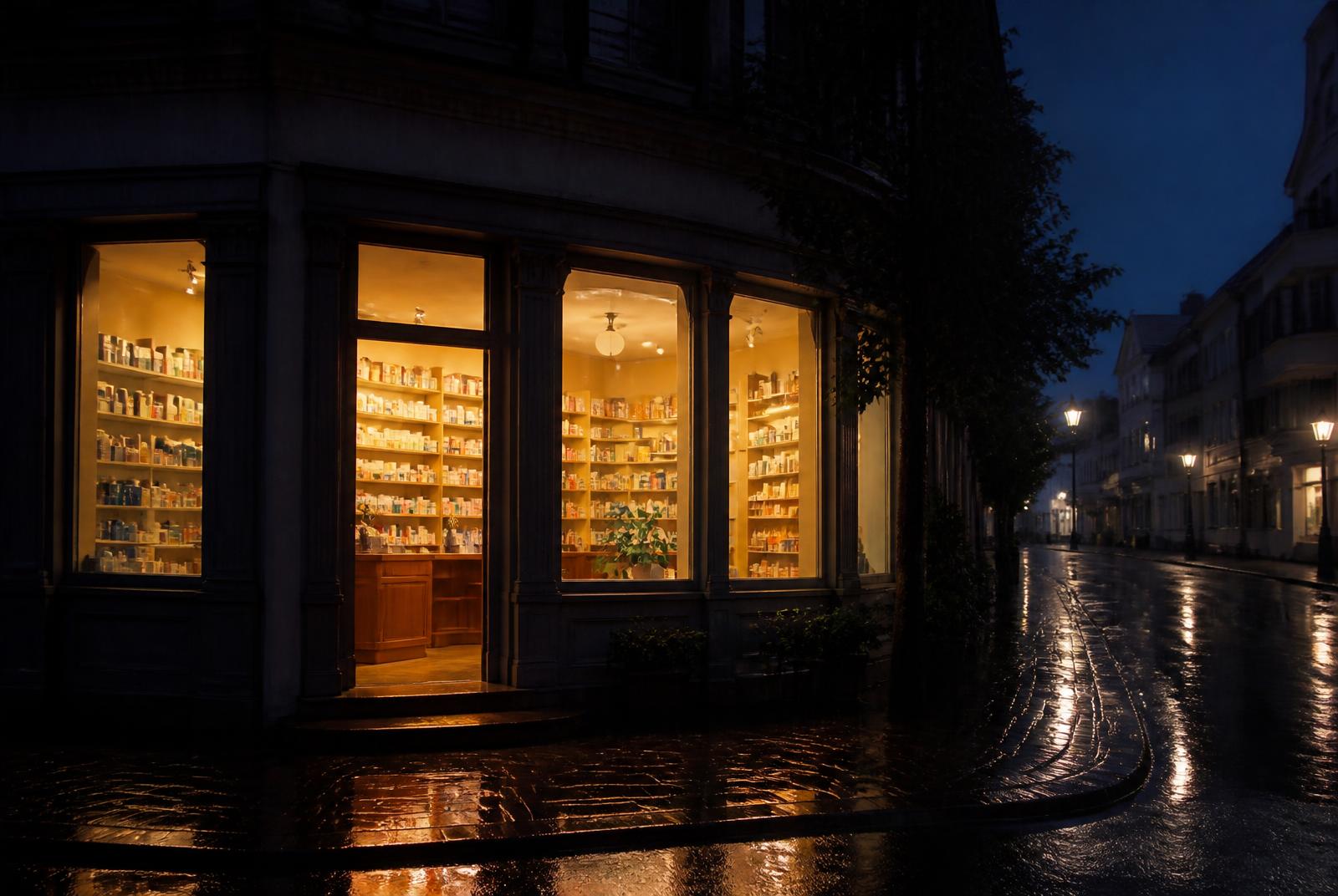 Beleuchtete Apotheke am Abend in einer ruhigen Straße