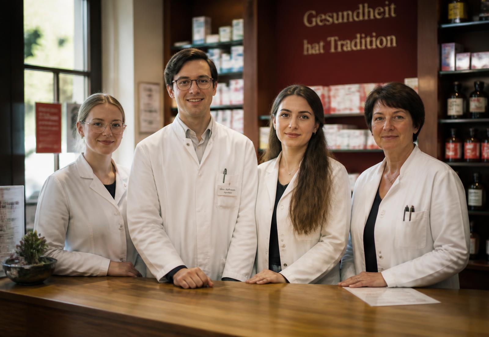 Symbolbild: Apothekenteam in weißen Kitteln hinter dem Beratungstisch